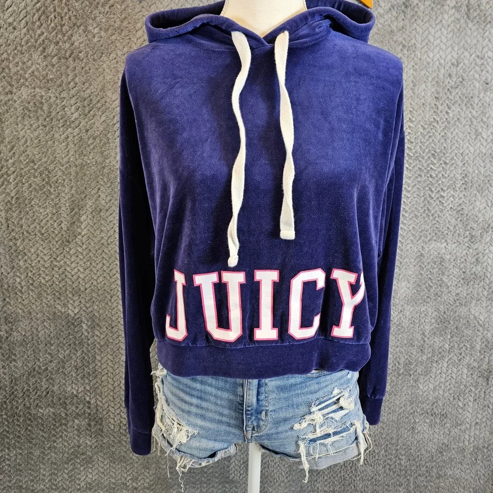Juicy Couture Purple Velour Cropped Hoodie‎ Graphic Logo Sweatshirt Womens XS